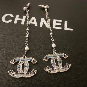 Blue crystal Chanel CC earring drop